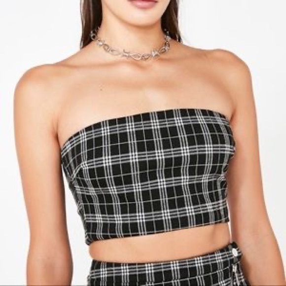 Tiger Mist Luca Plaid Tube Top Black White Cropped Strapless Blouse Size XS - Picture 2 of 15